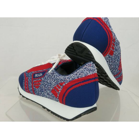 NIB PRADA 2EG272 RED BLUE FABRIC TRAINERS KNIT LOGO LACE UP SNEAKERS 8 US 9 - Picture 5 of 12
